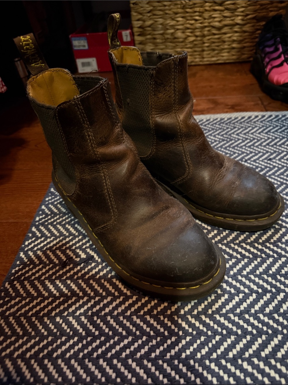 Dr. Martens Brown Leather Chelsea Ankle Boots with Yellow Stitching